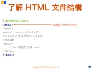 Copyright © 2012 FITPI. All rights reserved.
16
了解 HTML 文件結構
<!DOCTYPE html>
<html>
<head>
<meta charset="utf-8">
<title>這裡放標題</title>
</head>
<body>
    <!-- 這裡放內容 -->
</body>
</html>
代表裡面為 HTML 的內容
 