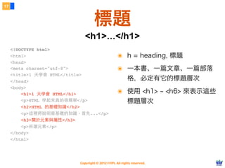 Copyright © 2012 FITPI. All rights reserved.
17
標題
๏ h = heading, 標題
๏ 一本書、一篇文章、一篇部落
格，必定有它的標題層次
๏ 使用 <h1> ~ <h6> 來表示這些
標題層次
<!DOCTYPE html>
<html>
<head>
<meta charset="utf-8">
<title>1 天學會 HTML</title>
</head>
<body>
    <h1>1 天學會 HTML</h1>
    <p>HTML 學起來真的很簡單</p>
    <h2>HTML 的基礎知識</h2>
    <p>這裡將說明最基礎的知識。⾸首先...</p>
    <h3>關於元素與屬性</h3>
    <p>所謂元素</p>
</body>
</html>​
<h1>...</h1>
 
