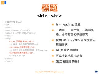 Copyright © 2012 FITPI. All rights reserved.
17
標題
๏ h = heading, 標題
๏ 一本書、一篇文章、一篇部落
格，必定有它的標題層次
๏ 使用 <h1> ~ <h6> 來表示這些
標題層次
๏ h1 是此文件標題
๏ 可以清楚地顯示結構
๏ SEO 很重要的點！
<!DOCTYPE html>
<html>
<head>
<meta charset="utf-8">
<title>1 天學會 HTML</title>
</head>
<body>
    <h1>1 天學會 HTML</h1>
    <p>HTML 學起來真的很簡單</p>
    <h2>HTML 的基礎知識</h2>
    <p>這裡將說明最基礎的知識。⾸首先...</p>
    <h3>關於元素與屬性</h3>
    <p>所謂元素</p>
</body>
</html>​
<h1>...</h1>
 