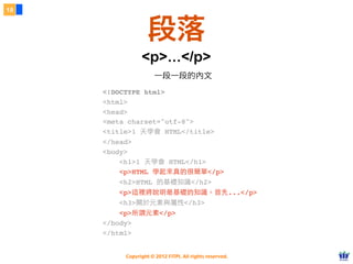 Copyright © 2012 FITPI. All rights reserved.
18
段落
<!DOCTYPE html>
<html>
<head>
<meta charset="utf-8">
<title>1 天學會 HTML</title>
</head>
<body>
    <h1>1 天學會 HTML</h1>
    <p>HTML 學起來真的很簡單</p>
    <h2>HTML 的基礎知識</h2>
    <p>這裡將說明最基礎的知識。⾸首先...</p>
    <h3>關於元素與屬性</h3>
    <p>所謂元素</p>
</body>
</html>​
<p>...</p>
一段一段的內文
 