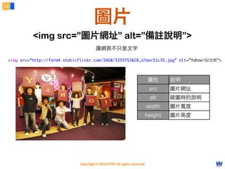 Copyright © 2012 FITPI. All rights reserved.
<img src=”http://farm4.staticflickr.com/3468/3359753828_a7aec51c35.jpg” alt=”Yahoo!紀念照”>
23
圖片
<img src=”圖片網址” alt=”備註說明”>
讓網頁不只是文字
屬性 說明
src 圖片網址
alt 破圖時的說明
width 圖片寬度
height 圖片高度
 
