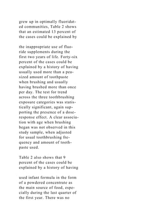 grew up in optimally fluoridat-
ed communities, Table 2 shows
that an estimated 13 percent of
the cases could be explained by
the inappropriate use of fluo-
ride supplements during the
first two years of life. Forty-six
percent of the cases could be
explained by a history of having
usually used more than a pea-
sized amount of toothpaste
when brushing and usually
having brushed more than once
per day. The test for trend
across the three toothbrushing
exposure categories was statis-
tically significant, again sup-
porting the presence of a dose-
response effect. A clear associa-
tion with age when brushing
began was not observed in this
study sample, when adjusted
for usual toothbrushing fre-
quency and amount of tooth-
paste used.
Table 2 also shows that 9
percent of the cases could be
explained by a history of having
used infant formula in the form
of a powdered concentrate as
the main source of food, espe-
cially during the last quarter of
the first year. There was no
 
