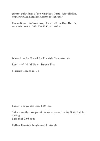 current guidelines of the American Dental Association,
http://www.ada.org/2684.aspx#dosschedule
For additional information, please call the Oral Health
Administrator at 502-564-3246, ext 4421.
Water Samples Tested for Fluoride Concentration
Results of Initial Water Sample Test
Fluoride Concentration
Equal to or greater than 2.00 ppm
Submit another sample of the water source to the State Lab for
testing
Less than 2.00 ppm
Follow Fluoride Supplement Protocols
 