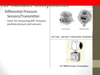 Air Handler Components
Differential Pressure
Sensors/Transmitter:
• Used for measuring diff. Pressure,
positive pressure and vacuum.
DPT1000 : AIR DIFF. PRESSURE TRANSMITTER
ST 3000 Pressure Transmitter
 
