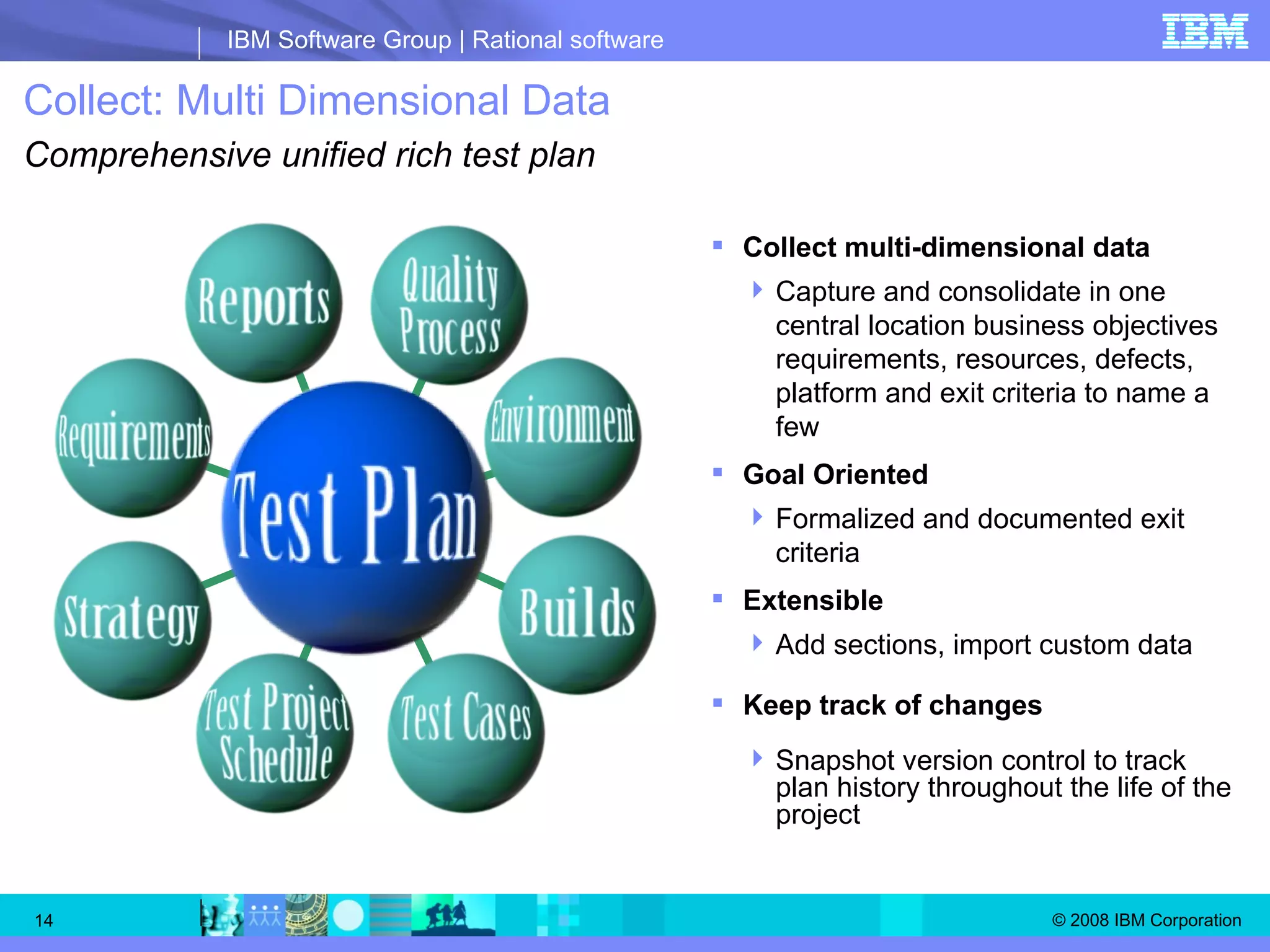 Collect: Multi Dimensional Data Comprehensive unified rich test plan   Collect multi-dimensional data Capture and consolidate in one central location business objectives requirements, resources, defects, platform and exit criteria to name a few  Goal Oriented Formalized and documented exit criteria Extensible Add sections, import custom data Keep track of changes Snapshot version control to track plan history throughout the life of the project 