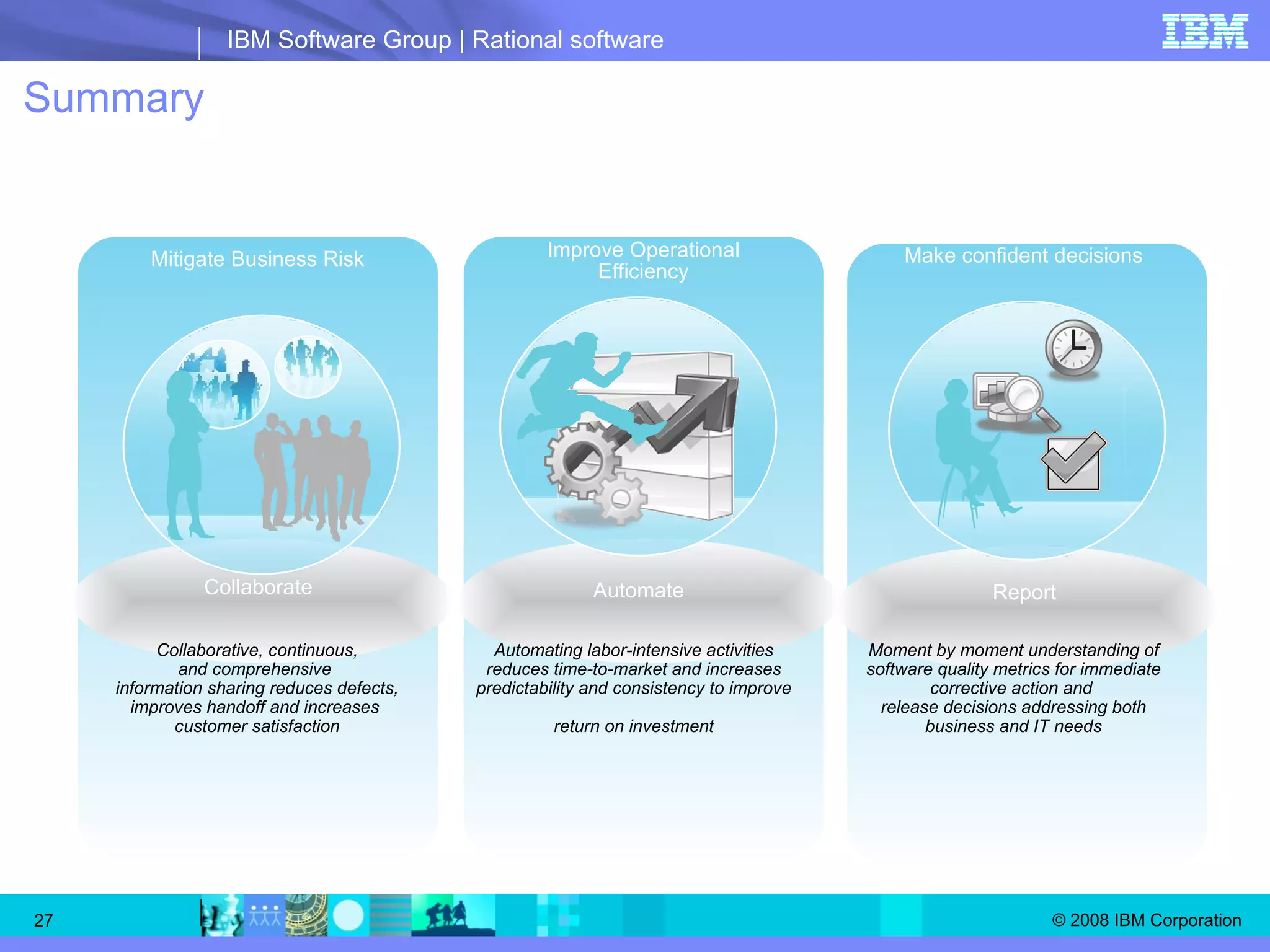 IBM Rational raises the bar for Quality management Scenarios that show the difference Mitigate Business Risk Improve Operational Efficiency Make confident decisions Collaborate Automate Report Collaborative, continuous, and comprehensive  information sharing reduces defects, improves handoff and increases  customer satisfaction Automating labor-intensive activities reduces time-to-market and increases predictability and consistency to improve  return on investment Moment by moment understanding of software quality metrics for immediate corrective action and  release decisions addressing both business and IT needs Summary 
