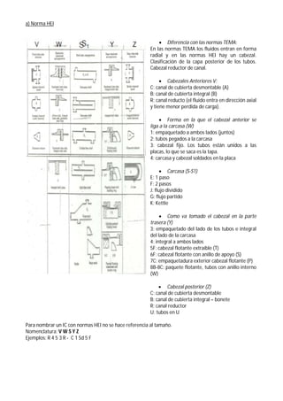 a) Norma HEI
 Diferencia con las normas TEMA:
En las normas TEMA los fluidos entran en forma
radial y en las normas HEI hay un cabezal.
Clasificación de la capa posterior de los tubos.
Cabezal reductor de canal.
 Cabezales Anteriores V:
C: canal de cubierta desmontable (A)
B: canal de cubierta integral (B)
R: canal reducto (el fluido entra en dirección axial
y tiene menor perdida de carga).
 Forma en la que el cabezal anterior se
liga a la carcasa (W)
1: empaquetado a ambos lados (juntos)
2: tubos pegados a la carcasa
3: cabezal fijo. Los tubos están unidos a las
placas, lo que se saca es la tapa.
4: carcasa y cabezal soldados en la placa
 Carcasa (S-S1)
E: 1 paso
F: 2 pasos
J: flujo dividido
G: flujo partido
K: Kettle
 Como va tomado el cabezal en la parte
trasera (Y)
3: empaquetado del lado de los tubos e integral
del lado de la carcasa
4: integral a ambos lados
5F: cabezal flotante extraíble (T)
6F: cabezal flotante con anillo de apoyo (S)
7C: empaquetadura exterior cabezal flotante (P)
8B-8C: paquete flotante, tubos con anillo interno
(W)
 Cabezal posterior (Z)
C: canal de cubierta desmontable
B: canal de cubierta integral – bonete
R: canal reductor
U: tubos en U
Para nombrar un IC con normas HEI no se hace referencia al tamaño.
Nomenclatura: V W S Y Z
Ejemplos: R 4 5 3 R - C 1 Sd 5 F
 