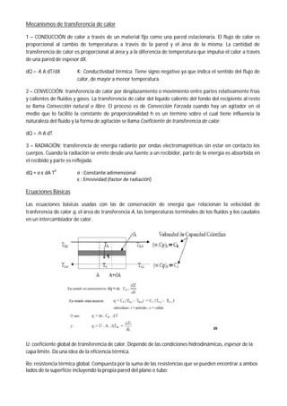 Mecanismos de transferencia de calor
1 – CONDUCCIÓN de calor a través de un material fijo como una pared estacionaria. El flujo de calor es
proporcional al cambio de temperaturas a través de la pared y el área de la misma. La cantidad de
transferencia de calor es proporcional al área y a la diferencia de temperatura que impulsa el calor a través
de una pared de espesor dX.
dQ = -K A dT/dX K: Conductividad térmica. Tiene signo negativo ya que indica el sentido del flujo de
calor, de mayor a menor temperatura.
2 – CENVECCIÓN: transferencia de calor por desplazamiento o movimiento entre partes relativamente frías
y calientes de fluidos y gases. La transferencia de calor del líquido caliente del fondo del recipiente al resto
se llama Convección natural o libre. El proceso es de Convección Forzada cuando hay un agitador en el
medio que lo facilite la constante de proporcionalidad h es un término sobre el cual tiene influencia la
naturaleza del fluido y la forma de agitación se llama Coeficiente de transferencia de calor.
dQ = -h A dT
3 – RADIACIÓN: transferencia de energía radiante por ondas electromagnéticas sin estar en contacto los
cuerpos. Cuando la radiación se emite desde una fuente a un recibidor, parte de la energía es absorbida en
el recibido y parte es reflejada.
dQ = σ ε dA T4
σ : Constante adimensional
ε : Emisividad (factor de radiación)
Ecuaciones Básicas
Las ecuaciones básicas usadas con las de conservación de energía que relacionan la velocidad de
tranferencia de calor q, el área de transferencia A, las temperaturas terminales de los fluidos y los caudales
en un intercambiador de calor.
U: coeficiente global de transferencia de calor. Depende de las condiciones hidrodinámicas, espesor de la
capa límite. Da una idea de la eficiencia térmica.
Ro: resistencia térmica global. Compuesta por la suma de las resistencias que se pueden encontrar a ambos
lados de la superficie incluyendo la propia pared del plano o tubo:
 