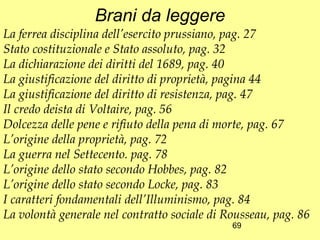 Brani da leggere
La ferrea disciplina dell’esercito prussiano, pag. 27
Stato costituzionale e Stato assoluto, pag. 32
La dichiarazione dei diritti del 1689, pag. 40
La giustificazione del diritto di proprietà, pagina 44
La giustificazione del diritto di resistenza, pag. 47
Il credo deista di Voltaire, pag. 56
Dolcezza delle pene e rifiuto della pena di morte, pag. 67
L’origine della proprietà, pag. 72
La guerra nel Settecento. pag. 78
L’origine dello stato secondo Hobbes, pag. 82
L’origine dello stato secondo Locke, pag. 83
I caratteri fondamentali dell’Illuminismo, pag. 84
La volontà generale nel contratto sociale di Rousseau, pag. 86
                                              69
 