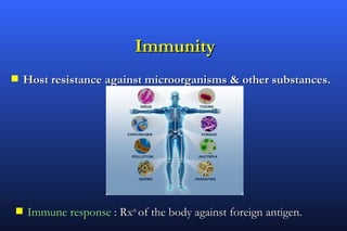 Immunity
s   Host resistance against microorganisms & other substances.




s   Immune response : Rxn of the body against foreign antigen.
 