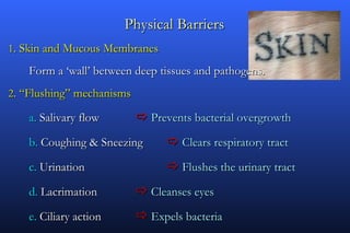 Physical Barriers
1. Skin and Mucous Membranes

    Form a ‘wall’ between deep tissues and pathogens.
2. “Flushing” mechanisms

    a. Salivary flow        Prevents bacterial overgrowth
    b. Coughing & Sneezing        Clears respiratory tract
    c. Urination                  Flushes the urinary tract
    d. Lacrimation          Cleanses eyes
    e. Ciliary action       Expels bacteria
 