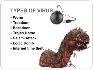 TYPES OF VIRUS
 Worm
 Trapdoor
 Backdoor
 Trojan Horse
 Salami Attack
 Logic Bomb
 Internet time theft
 