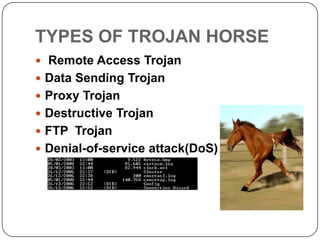 TYPES OF TROJAN HORSE
 Remote Access Trojan
 Data Sending Trojan
 Proxy Trojan
 Destructive Trojan
 FTP Trojan
 Denial-of-service attack(DoS)
 