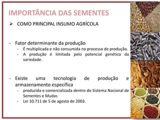 IMPORTÂNCIA DAS SEMENTES
 COMO PRINCIPAL INSUMO AGRÍCOLA
- Fator determinante da produção
- É multiplicada e não consumida no processo de produção.
- A produção é limitada pelo potencial genético da
variedade.
- Existe uma tecnologia de produção e
armazenamento específica
- produzida e comercializada dentro do Sistema Nacional de
Sementes e Mudas
- Lei 10.711 de 5 de agosto de 2003.
 