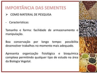 IMPORTÂNCIA DAS SEMENTES
 COMO MATERIAL DE PESQUISA
- Características:
Tamanho e forma: facilidade de armazenamento e
manipulação.
Boa conservação por longo tempo: possibilita
desenvolver trabalhos no momento mais adequado.
Apresenta organização fisiológica e bioquímica
complexa permitindo qualquer tipo de estudo na área
da Biologia Vegetal.
 