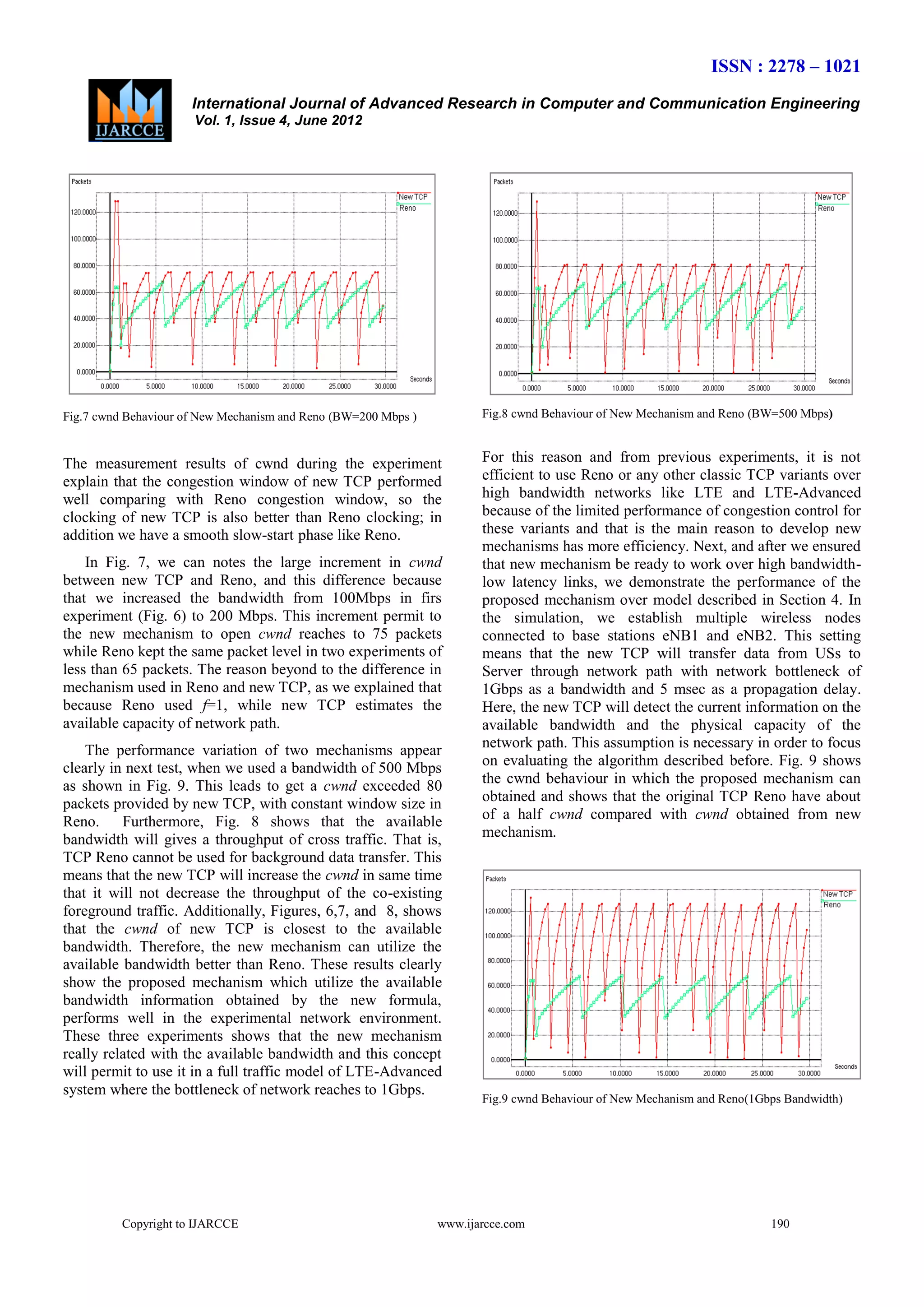 ISSN : 2278 – 1021
International Journal of Advanced Research in Computer and Communication Engineering
Vol. 1, Issue 4, June 2012

Fig.8 cwnd Behaviour of New Mechanism and Reno (BW=500 Mbps)

Fig.7 cwnd Behaviour of New Mechanism and Reno (BW=200 Mbps )

The measurement results of cwnd during the experiment
explain that the congestion window of new TCP performed
well comparing with Reno congestion window, so the
clocking of new TCP is also better than Reno clocking; in
addition we have a smooth slow-start phase like Reno.
In Fig. 7, we can notes the large increment in cwnd
between new TCP and Reno, and this difference because
that we increased the bandwidth from 100Mbps in firs
experiment (Fig. 6) to 200 Mbps. This increment permit to
the new mechanism to open cwnd reaches to 75 packets
while Reno kept the same packet level in two experiments of
less than 65 packets. The reason beyond to the difference in
mechanism used in Reno and new TCP, as we explained that
because Reno used f=1, while new TCP estimates the
available capacity of network path.
The performance variation of two mechanisms appear
clearly in next test, when we used a bandwidth of 500 Mbps
as shown in Fig. 9. This leads to get a cwnd exceeded 80
packets provided by new TCP, with constant window size in
Reno. Furthermore, Fig. 8 shows that the available
bandwidth will gives a throughput of cross traffic. That is,
TCP Reno cannot be used for background data transfer. This
means that the new TCP will increase the cwnd in same time
that it will not decrease the throughput of the co-existing
foreground traffic. Additionally, Figures, 6,7, and 8, shows
that the cwnd of new TCP is closest to the available
bandwidth. Therefore, the new mechanism can utilize the
available bandwidth better than Reno. These results clearly
show the proposed mechanism which utilize the available
bandwidth information obtained by the new formula,
performs well in the experimental network environment.
These three experiments shows that the new mechanism
really related with the available bandwidth and this concept
will permit to use it in a full traffic model of LTE-Advanced
system where the bottleneck of network reaches to 1Gbps.

Copyright to IJARCCE

For this reason and from previous experiments, it is not
efficient to use Reno or any other classic TCP variants over
high bandwidth networks like LTE and LTE-Advanced
because of the limited performance of congestion control for
these variants and that is the main reason to develop new
mechanisms has more efficiency. Next, and after we ensured
that new mechanism be ready to work over high bandwidthlow latency links, we demonstrate the performance of the
proposed mechanism over model described in Section 4. In
the simulation, we establish multiple wireless nodes
connected to base stations eNB1 and eNB2. This setting
means that the new TCP will transfer data from USs to
Server through network path with network bottleneck of
1Gbps as a bandwidth and 5 msec as a propagation delay.
Here, the new TCP will detect the current information on the
available bandwidth and the physical capacity of the
network path. This assumption is necessary in order to focus
on evaluating the algorithm described before. Fig. 9 shows
the cwnd behaviour in which the proposed mechanism can
obtained and shows that the original TCP Reno have about
of a half cwnd compared with cwnd obtained from new
mechanism.

Fig.9 cwnd Behaviour of New Mechanism and Reno(1Gbps Bandwidth)

www.ijarcce.com

190

 