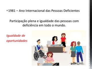 1981 – Ano Internacional das Pessoas Deficientes
Participação plena e igualdade das pessoas com
deficiência em todo o mundo.
Igualdade de
oportunidades
 