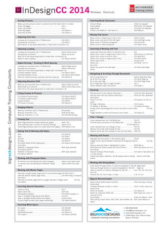 bigrockdesigns.com-ComputerTrainingConsulants
Scaling Pictures
Make sure the picture content is selected (not the frame that it’s inside)
Scale 1% Bigger............................................................. Ctrl->
Scale 1% Smaller........................................................... Ctrl-<
Scale 5% Bigger............................................................. Ctrl-Option->
Scale 5% Smaller........................................................... Ctrl-Option-<
Adjusting Font Size
Increase by Increment (set in Preferences)...................... Ctrl-Shift->
Decrease by Increment................................................... Ctrl-Shift-<
(Add Option to the above keystrokes to make them Increment x 5)
Adjusting Leading
Increase by Increment (set in Preferences)...................... Option-Down arrow
Decrease by Increment................................................... Option-Up arrow
(Add Ctrl to the above keystrokes to make them Increment x 5)
Revert to Auto Leading.................................................... Ctrl-Option-Shift-A
Adjust Kerning / Tracking & Word Spacing
Increase by Increment (set in Preferences)...................... Option-Right arrow
Decrease by Increment................................................... Option-Left arrow
(Add Ctrl to the above keystrokes to make them Increment x 5)
Increase between words.................................................. Ctrl-Option-Shift-
Decrease between words................................................. Ctrl-Option-Shift-Delete
Clear all manual kerning, tracking, and word spacing...... Ctrl-Option-Q
Adjusting Baseline Shift
Move Up by Increment (set in Preferences)...................... Option-Shift-Up arrow
Move Down by Increment................................................ Option-Shift-Down arrow
(Add Ctrl to the above keystrokes to make them Increment x 5)
Fitting Content & Pictures
Fit Content Proportionally............................................... Ctrl-Option-Shift-E
Fill Frame Proportionally................................................. Ctrl-Option-Shift-C
Center Content............................................................... Ctrl-Shift-E
Fit Frame to Content....................................................... Ctrl-Option-C
Nudging Objects
Move by Increment (set in Preferences)........................... Arrow keys
Move by Increment x 10.................................................. Shift-Arrow keys
Move by Increment x 1/10.............................................. Ctrl-Shift-Arrow keys
Flowing Text
Multi-Page Autoflow (creates additional pages)................ Shift-click
Semi-autoflow (text in cursor to continue flowing)........... Option-click
Fixed-Page Autoflow (does not create additional pages)... Shift-Option-click
Styling Text & Working with Styles
Bold............................................................................... Ctrl-Shift-B
Italic.............................................................................. Ctrl-Shift-I
Normal........................................................................... Ctrl-Shift-Y
All Caps.......................................................................... Ctrl-Shift-K
Edit Style Sheet without Applying it................................. Ctrl-Option-Shift-Double
click style
Redefine a Paragraph Style............................................. With style selected
Ctrl-Option–Shift-R
Redefine a Character Style.............................................. With style selected
Ctrl-Option–Shift-C
Working with Paragraph Styles
To remove local formatting (non style changes)............... Option-click style name
To remove local formatting and Character Styles............. Option-Shift-click style
name
Working with Master Pages
Override a single master page item on a document page.Ctrl-Shift-click it
Override several master page items................................ Ctrl-Shift-drag a marquee
over them
Override all master page items on pages selected in Pages panel	 Ctrl-Op-
tion-Shift-L
Inserting Special Characters
Indent to Here................................................................ Ctrl-
Right Indent Tab............................................................. Shift-Tab
Nonbreaking Hyphen...................................................... Ctrl-Option-hyphen (-)
Type in Straight Single Quote (foot Mark)........................ Control-’
Type in Straight Double Quote (inch Mark)...................... Control-Shift-’
Current Page Number (auto page numbering)................. Ctrl-Option-Shift-N
Inserting White Space
Em space....................................................................... Ctrl-Shift-M
En space........................................................................ Ctrl-Shift-N
Nonbreaking space......................................................... Ctrl-Option-X
Thin space...................................................................... Ctrl-Option-Shift-M
Inserting Break Characters
Column Break................................................................. Enter (on keypad)
Frame Break................................................................... Shift-Enter (on keypad)
Page Break..................................................................... Ctrl-Enter (on keypad)
Forced Line Break (or “soft return”)................................ Shift-Return
Moving Text Cursor
Move cursor to beginning or end of line.......................... Home or End
Move cursor one word to the left/right............................ Ctrl-Left/Right arrow
Move cursor to Previous paragraph................................. Ctrl-Up arrow
Move cursor to Next paragraph....................................... Ctrl-Down arrow
Selecting & Working with Text
Leave text frame and switch to Selection tool.................. Esc
Select from cursor to beginning or end of line................. Shift-Home or Shift-End
Select from cursor to end of story.................................. Ctrl-Shift-End
Select from cursor to beginning of story......................... Ctrl-Shift-Home
Select whole word........................................................... Double-click
Select line...................................................................... Ctrl-Shift- (or Tri-
ple-click)
Select one word to the left/right..................................... Ctrl-Shift-Left/Right
arrow
Navigating & Scrolling Through Documents
Scroll using Hand tool.................................................... Option-Spacebar-drag
Go to the First Page........................................................ Ctrl-Shift-Page Up
Go to the Last Page........................................................ Ctrl-Shift-Page Down
Go to Page (then type in page number)........................... Ctrl-J
Switch between open documents.................................... Ctrl-tilde(~)
Zooming
Get the Zoom In tool without selecting it......................... Hold Ctrl then Spacebar
Get the Zoom Out tool without selecting it....................... Hold Ctrl then Spacebar
and Option
Zoom In or Out............................................................... Ctrl-plus(+) or Ctrl-mi-
nus(-)
Fit Page in Window......................................................... Ctrl-0 (zero)
Fit Spread in Window...................................................... Ctrl-Option-0 (zero)
Access zoom percentage box (so you can enter a zoom level)	 Ctrl-Op-
tion-5
Toggle between current and previous zoom levels............ Ctrl-Option-2
Find / Change
Insert selected text into Find What box............................ Ctrl-F1
Find the next occurrence of Find What text..................... Shift-F2
or Ctrl-Option-F
Insert selected text into Change To box........................... Ctrl-F2
Replace found text with Change To text........................... Ctrl-F3
Replace found text with Change To text and Find Next..... Shift-F3
Working with Panels
Highlight the first option in the Control panel.................. Ctrl-6
Toggle Control panel between Character & Paragraph options	 Ctrl-Op-
tion-7
Apply a value but keep it highlighted in panel.................. Shift-Return
Hide/Show all Panels except the Tools/Control................ Shift-Tab (while not in a
text frame)
Expand/Collapse Panel Stacks........................................ Ctrl-Option-Tab (while not
in a text frame)
Create new (style, swatches, etc) & display options dialog	 Option-click New
button
Working with Dialog Boxes
Cycle down through section of options displayed on the left	Page Down
Cycle up through section of options displayed on the left	 Page Up
Jump to section of options displayed on the left............. Ctrl-1 for 1st, Ctrl-2 for
2nd, etc.
Choose Yes, No, Don’t Save, or Save................................ Y, N, D, or S
Bigrock Recommended
Select frame hidden behind another................................ Hold and keep clicking
frame stack
Increase/decrease a value in a field................................ Click in field, press Up/
Down arrow
Select all Guides............................................................. Ctrl-Option-G
Select an Individual Table Cell......................................... With Type tool, click in
cell and hit Esc
Quick Apply.................................................................... Press Ctrl-Return. Then
start typing a style name, menu item, text variable, etc. Then press Return to
apply.
InDesignCC 2014Windows - Shortcuts
computer training consultants
BIGROCKDESIGNS
t: 028 9038 8330
e: sales@bigrockdesigns.com
w: www.bigrockdesigns.com
a: 3 Wellington Park, Malone Road,
Belfast, BT9 6DJ
 