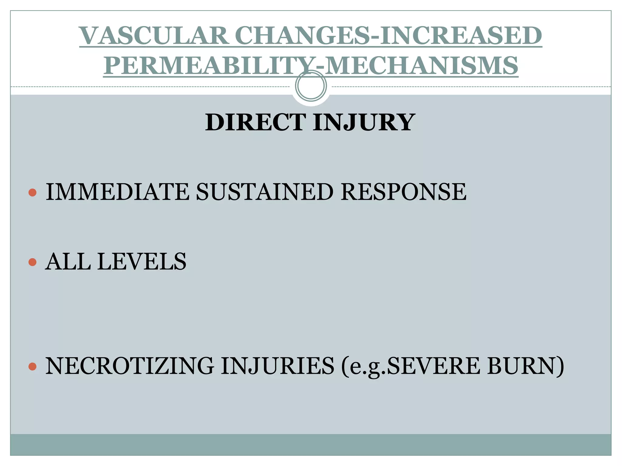 VASCULAR CHANGES-INCREASED
    PERMEABILITY-MECHANISMS

               DIRECT INJURY

 IMMEDIATE SUSTAINED RESPONSE


 ALL LEVELS




 NECROTIZING INJURIES (e.g.SEVERE BURN)
 