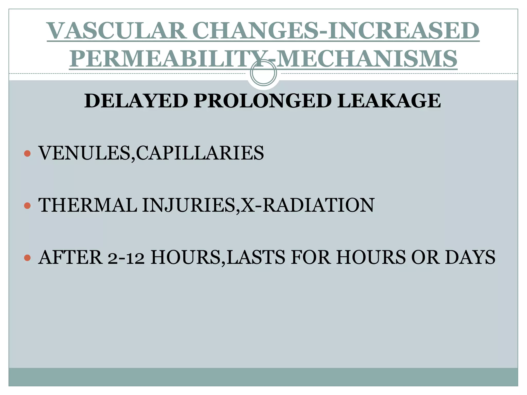VASCULAR CHANGES-INCREASED
   PERMEABILITY-MECHANISMS
     DELAYED PROLONGED LEAKAGE

 VENULES,CAPILLARIES


 THERMAL INJURIES,X-RADIATION


 AFTER 2-12 HOURS,LASTS FOR HOURS OR DAYS
 