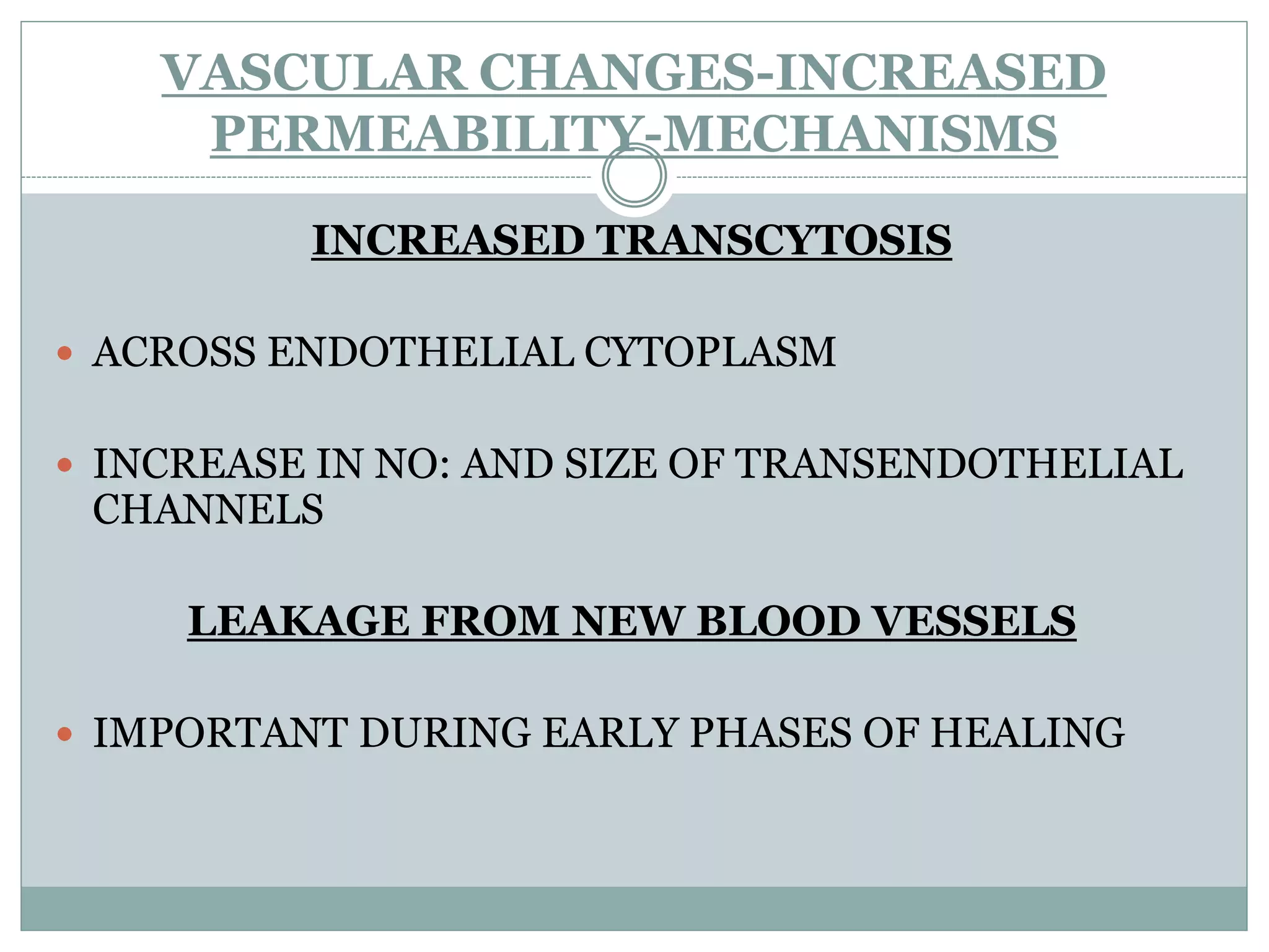 VASCULAR CHANGES-INCREASED
     PERMEABILITY-MECHANISMS

          INCREASED TRANSCYTOSIS

 ACROSS ENDOTHELIAL CYTOPLASM


 INCREASE IN NO: AND SIZE OF TRANSENDOTHELIAL
 CHANNELS

     LEAKAGE FROM NEW BLOOD VESSELS

 IMPORTANT DURING EARLY PHASES OF HEALING
 