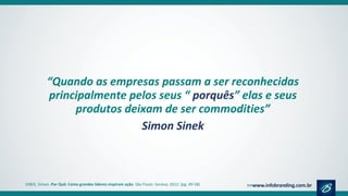 “Quando as empresas passam a ser reconhecidas
principalmente pelos seus “ porquês” elas e seus
produtos deixam de ser commodities”
Simon Sinek
SINEK, Simon. Por Quê: Como grandes líderes inspiram ação. São Paulo: Saraiva, 2012. (pg. 49-58)
 