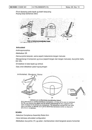NO KOD / CODE NO            H-176-2/M08/KP(1/3)                        Muka: 08 Drp: 13

     -Pivot dipasang pada tapak yg boleh berpusing
     -Ruang kerja berbentuk sfera




      Articulated
     -Anthropomorphics
     -Melibatkan 3R
     -Semua joints berputar, sama seperti mekanisme tangan manusia
     -Mengandungi 2 komponen yg lurus (seperti lengan dan tangan manusia), dua joints~bahu
     dan siku
     -Di letakkan di atas tapak yg vertical.
     -Satu wrist diletakkan pada hujung lengan




     SCARA
     -Selective Compliance Assembly Robot Arm
     -Versi istimewa articulated configuration
     -Melibatkan dua joints ( R ) yg selari, membenarkan robot bergerak secara horizontal.
 