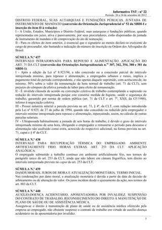 IInnffoorrmmaattiivvoo TTSSTT -- nnºº 2222
Período: 20 a 24 de setembro de 2012
5
DISTRITO FEDERAL, SUAS AUTARQUIAS E FUNDAÇÕES PÚBLICAS. JUNTADA DE
INSTRUMENTO DE MANDATO (conversão da Orientação Jurisprudencial nº 52 da SBDI-I e
inserção do item II à redação)
I - A União, Estados, Municípios e Distrito Federal, suas autarquias e fundações públicas, quando
representadas em juízo, ativa e passivamente, por seus procuradores, estão dispensadas da juntada
de instrumento de mandato e de comprovação do ato de nomeação.
II - Para os efeitos do item anterior, é essencial que o signatário ao menos declare-se exercente do
cargo de procurador, não bastando a indicação do número de inscrição na Ordem dos Advogados do
Brasil.
SÚMULA N.º 437
INTERVALO INTRAJORNADA PARA REPOUSO E ALIMENTAÇÃO. APLICAÇÃO DO
ART. 71 DA CLT (conversão das Orientações Jurisprudenciais n.os
307, 342, 354, 380 e 381 da
SBDI-1)
I - Após a edição da Lei nº 8.923/94, a não concessão ou a concessão parcial do intervalo
intrajornada mínimo, para repouso e alimentação, a empregados urbanos e rurais, implica o
pagamento total do período correspondente, e não apenas daquele suprimido, com acréscimo de, no
mínimo, 50% sobre o valor da remuneração da hora normal de trabalho (art. 71 da CLT), sem
prejuízo do cômputo da efetiva jornada de labor para efeito de remuneração.
II - É inválida cláusula de acordo ou convenção coletiva de trabalho contemplando a supressão ou
redução do intervalo intrajornada porque este constitui medida de higiene, saúde e segurança do
trabalho, garantido por norma de ordem pública (art. 71 da CLT e art. 7º, XXII, da CF/1988),
infenso à negociação coletiva.
III - Possui natureza salarial a parcela prevista no art. 71, § 4º, da CLT, com redação introduzida
pela Lei nº 8.923, de 27 de julho de 1994, quando não concedido ou reduzido pelo empregador o
intervalo mínimo intrajornada para repouso e alimentação, repercutindo, assim, no cálculo de outras
parcelas salariais.
IV - Ultrapassada habitualmente a jornada de seis horas de trabalho, é devido o gozo do intervalo
intrajornada mínimo de uma hora, obrigando o empregador a remunerar o período para descanso e
alimentação não usufruído como extra, acrescido do respectivo adicional, na forma prevista no art.
71, caput e § 4º da CLT.
SÚMULA N.º 438
INTERVALO PARA RECUPERAÇÃO TÉRMICA DO EMPREGADO. AMBIENTE
ARTIFICIALMENTE FRIO. HORAS EXTRAS. ART. 253 DA CLT. APLICAÇÃO
ANALÓGICA.
O empregado submetido a trabalho contínuo em ambiente artificialmente frio, nos termos do
parágrafo único do art. 253 da CLT, ainda que não labore em câmara frigorífica, tem direito ao
intervalo intrajornada previsto no caput do art. 253 da CLT.
SÚMULA N.º 439
DANOS MORAIS. JUROS DE MORA E ATUALIZAÇÃO MONETÁRIA. TERMO INICIAL.
Nas condenações por dano moral, a atualização monetária é devida a partir da data da decisão de
arbitramento ou de alteração do valor. Os juros incidem desde o ajuizamento da ação, nos termos do
art. 883 da CLT.
SÚMULA N.º 440
AUXÍLIO-DOENÇA ACIDENTÁRIO. APOSENTADORIA POR INVALIDEZ. SUSPENSÃO
DO CONTRATO DE TRABALHO. RECONHECIMENTO DO DIREITO À MANUTENÇÃO DE
PLANO DE SAÚDE OU DE ASSISTÊNCIA MÉDICA.
Assegura-se o direito à manutenção de plano de saúde ou de assistência médica oferecido pela
empresa ao empregado, não obstante suspenso o contrato de trabalho em virtude de auxílio-doença
acidentário ou de aposentadoria por invalidez.
 