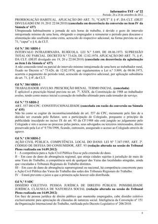 IInnffoorrmmaattiivvoo TTSSTT -- nnºº 2222
Período: 20 a 24 de setembro de 2012
8
PRORROGAÇÃO HABITUAL. APLICAÇÃO DO ART. 71, “CAPUT” E § 4º, DA CLT. (DEJT
DIVULGADO EM 19, 20 E 22.04.2010) (cancelada em decorrência da conversão no item IV da
Súmula nº 437)
Ultrapassada habitualmente a jornada de seis horas de trabalho, é devido o gozo do intervalo
intrajornada mínimo de uma hora, obrigando o empregador a remunerar o período para descanso e
alimentação não usufruído como extra, acrescido do respectivo adicional, na forma prevista no art.
71, “caput” e § 4, da CLT.
OJ N.º 381 SBDI-1
INTERVALO INTRAJORNADA. RURÍCOLA. LEI N.º 5.889, DE 08.06.1973. SUPRESSÃO
TOTAL OU PARCIAL. DECRETO N.º 73.626, DE 12.02.1974. APLICAÇÃO DO ART. 71, § 4º,
DA CLT. (DEJT divulgado em 19, 20 e 22.04.2010) (cancelada em decorrência da aglutinação
ao item I da Súmula nº 437)
A não concessão total ou parcial do intervalo mínimo intrajornada de uma hora ao trabalhador rural,
fixado no Decreto n.º 73.626, de 12.02.1974, que regulamentou a Lei n.º 5.889, de 08.06.1973,
acarreta o pagamento do período total, acrescido do respectivo adicional, por aplicação subsidiária
do art. 71, § 4º, da CLT.
OJ N.º 384 SBDI-1
TRABALHADOR AVULSO. PRESCRIÇÃO BIENAL. TERMO INICIAL. (cancelada)
É aplicável a prescrição bienal prevista no art. 7º, XXIX, da Constituição de 1988 ao trabalhador
avulso, tendo como marco inicial a cessação do trabalho ultimado para cada tomador de serviço.
OJ N.º 73 SBDI-2
ART. 557 DO CPC. CONSTITUCIONALIDADE (cancelada em razão da conversão na Súmula
nº 435)
Não há como se cogitar da inconstitucionalidade do art. 557 do CPC, meramente pelo fato de a
decisão ser exarada pelo Relator, sem a participação do Colegiado, porquanto o princípio da
publicidade insculpido no inciso IX do art. 93 da CF/1988 não está jungido ao julgamento pelo
Colegiado e sim o acesso ao processo pelas partes, seus advogados ou terceiros interessados, direito
preservado pela Lei nº 9.756/1998, ficando, outrossim, assegurado o acesso ao Colegiado através de
agravo.
OJ N.º 130 SBDI-2
AÇÃO CIVIL PÚBLICA. COMPETÊNCIA. LOCAL DO DANO. LEI Nº 7.347/1985, ART. 2º.
CÓDIGO DE DEFESA DO CONSUMIDOR, ART. 93 (redação alterada na sessão do Tribunal
Pleno realizada em 14.09.2012)
I – A competência para a Ação Civil Pública fixa-se pela extensão do dano.
II – Em caso de dano de abrangência regional, que atinja cidades sujeitas à jurisdição de mais de
uma Vara do Trabalho, a competência será de qualquer das Varas das localidades atingidas, ainda
que vinculadas a Tribunais Regionais do Trabalho distintos.
III – Em caso de dano de abrangência suprarregional ou nacional, há competência concorrente para
a Ação Civil Pública das Varas do Trabalho das sedes dos Tribunais Regionais do Trabalho.
IV – Estará prevento o juízo a que a primeira ação houver sido distribuída.
OJ N.º 5 SDC
DISSÍDIO COLETIVO. PESSOA JURÍDICA DE DIREITO PÚBLICO. POSSIBILIDADE
JURÍDICA. CLÁUSULA DE NATUREZA SOCIAL (redação alterada na sessão do Tribunal
Pleno realizada em 14.09.2012)
Em face de pessoa jurídica de direito público que mantenha empregados, cabe dissídio coletivo
exclusivamente para apreciação de cláusulas de natureza social. Inteligência da Convenção nº 151
da Organização Internacional do Trabalho, ratificada pelo Decreto Legislativo nº 206/2010.
 