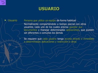 USUARIO Usuario Persona que utiliza un equipo  de forma habitual Normalmente compartiéndolo a tiempo parcial con otros  usuarios, cada uno de los cuales precisa  guardar sus  documentos  y manejar determinadas  aplicaciones , que pueden  ser diferentes o comunes los demás  Se requiere que  cada usuario  tenga  acceso directo e inmediato  a determinadas aplicaciones y restricción a otras 