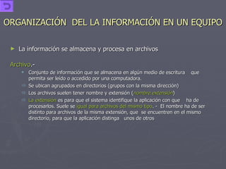 ORGANIZACIÓN  DEL LA INFORMACIÓN EN UN EQUIPO La información se almacena y procesa en archivos Archivo .-  Conjunto de información que se almacena en algún medio de escritura  que permita ser leído o accedido por una computadora. Se ubican agrupados en directorios (grupos con la misma dirección) Los archivos suelen tener nombre y extensión ( nombre.extensión ) La extensión  es para que el sistema identifique la aplicación con que  ha de  procesarlos. Suele se  igual para archivos del mismo tipo . -  El nombre ha de ser distinto para archivos de la misma extensión, que  se encuentren en el mismo directorio, para que la aplicación distinga  unos de otros 