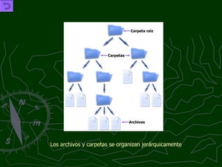 Los archivos y carpetas se organizan jerárquicamente   Carpeta raíz Archivos Carpetas 