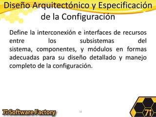 Diseño Arquitectónico y Especificación de la ConfiguraciónDefine la interconexión e interfaces de recursos entre los subsistemas del sistema, componentes, y módulos en formas adecuadas para su diseño detallado y manejo completo de la configuración. 16