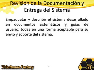 Revisión de la Documentación y Entrega del SistemaEmpaquetar y describir el sistema desarrollado en documentos sistemáticos y guías de usuario, todas en una forma aceptable para su envío y soporte del sistema.20