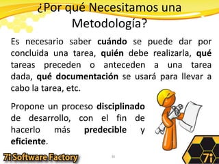 ¿Por qué Necesitamos una Metodología?Es necesario saber cuándo se puede dar por concluida una tarea, quién debe realizarla, qué tareas preceden o anteceden a una tarea dada, qué documentación se usará para llevar a cabo la tarea, etc.36Propone un proceso disciplinado de desarrollo, con el fin de hacerlo más predecible y eficiente.