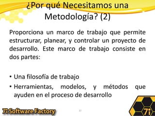 ¿Por qué Necesitamos una Metodología? (2)Proporciona un marco de trabajo que permite estructurar, planear, y controlar un proyecto de desarrollo. Este marco de trabajo consiste en dos partes:Una filosofía de trabajoHerramientas, modelos, y métodos que ayuden en el proceso de desarrollo37