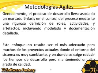 Metodologías ÁgilesGeneralmente, el proceso de desarrollo lleva asociado un marcado énfasis en el control del proceso mediante una rigurosa definición de roles, actividades, y artefactos, incluyendo modelado y documentación detallada.Este enfoque no resulta ser el más adecuado para muchos de los proyectos actuales donde el entorno del sistema es muy cambiante, y en donde se exige reducir los tiempos de desarrollo pero manteniendo un alto grado de calidad.38