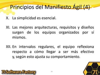Principios del Manifiesto Ágil (4)La simplicidad es esencial.Las mejores arquitecturas, requisitos y diseños surgen de los equipos organizados por sí mismos.En intervalos regulares, el equipo reflexiona respecto a cómo llegar a ser más efectivo y, según esto ajusta su comportamiento.44