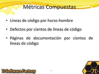 Métricas CompuestasLíneas de código por horas-hombreDefectos por cientos de líneas de códigoPáginas de documentación por cientos de líneas de código50