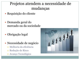Projetos atendem a necessidade de
               mudanças
 Requisição do cliente


 Demanda geral do
 mercado ou da sociedade

 Obrigação legal


 Necessidade de negócio
   Melhoria da eficiência

   Redução de Risco

   Avanço Tecnológico
 