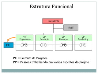 Estrutura Funcional

                               Presidente

                                                   Staff


            VP             VP              VP                VP
         Engenharia     Produção        Finanças           Marketing

PE         PP             PP                PP               PP



     PE = Gerente de Projetos
     PP = Pessoas trabalhando em vários aspectos do projeto
 