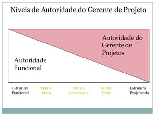 Níveis de Autoridade do Gerente de Projeto


                                  Autoridade do
                                  Gerente de
                                  Projetos
 Autoridade
 Funcional


Estrutura   Matriz     Matriz     Matriz   Estrutura
Funcional   Fraca    Balanceada   Forte    Projetizada
 