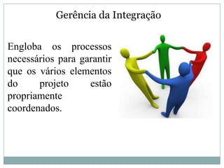 Gerência da Integração


Engloba os processos
necessários para garantir
que os vários elementos
do     projeto     estão
propriamente
coordenados.
 