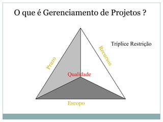O que é Gerenciamento de Projetos ?


                          Tríplice Restrição




              Qualidade




              Escopo
 