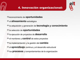 4. Innovación organizacional: reconocimiento de  oportunidades el  alineamiento  estratégico la adquisición y generación de  tecnología y conocimiento la selección de  oportunidades la ejecución de proyectos de  desarrollo   el monitoreo y  control  de estos proyectos la implementación y la gestión del  cambio el  aprendizaje  continuo y el desarrollo estructural los  procesos  y comportamientos de la organización 