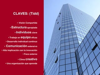 CLAVES: (Tidd) •   Visión Compartida •  Estructura  apropiada •  Individuos  clave •  Trabajo en  equipo  eficaz •  Desarrollo individual continuo •   Comunicación  extensiva •  Alta implicación con la innovación •  Foco externo •  Clima  creativo •  Una organización que aprende 