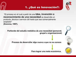 “ El proceso en el cual a partir de una   idea, invención o reconocimiento de una necesidad   se desarrolla un producto, técnica o servicio útil hasta que sea comercialmente aceptado"  (Escorsa, 1997).  Partiendo del estudio metódico de una necesidad (personal, grupal u organizacional) Proceso de desarrollar algo nuevo o que no se conoce  Para lograr una meta económica.  1. ¿Qué es Innovación?: 