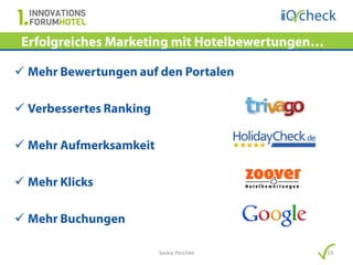 Erfolgreiches Marketing mit Hotelbewertungen…

 Mehr Bewertungen auf den Portalen

 Verbessertes Ranking

 Mehr Aufmerksamkeit

 Mehr Klicks

 Mehr Buchungen

                         Saskia Peschke          19
 