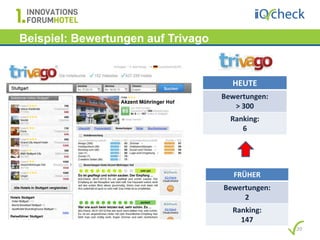 Beispiel: Bewertungen auf Trivago


                                      HEUTE
                                    Bewertungen:
                                       > 300
                                      Ranking:
                                         6




                                       FRÜHER
                                    Bewertungen:
                                         2
                                      Ranking:
                                        147
                                                   20
 