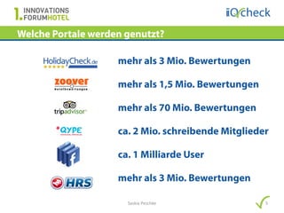 Welche Portale werden genutzt?

                    mehr als 3 Mio. Bewertungen

                    mehr als 1,5 Mio. Bewertungen

                    mehr als 70 Mio. Bewertungen

                    ca. 2 Mio. schreibende Mitglieder

                    ca. 1 Milliarde User

                    mehr als 3 Mio. Bewertungen

                      Saskia Peschke                5
 